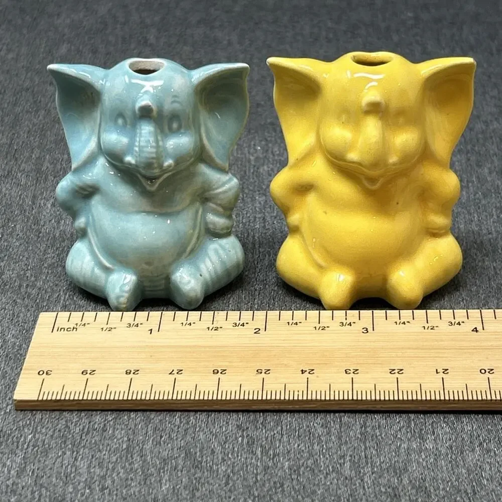 Vintage 2pc Ceramic Elephant Macrame Beads 2in Blue Yellow Crafting Supplies